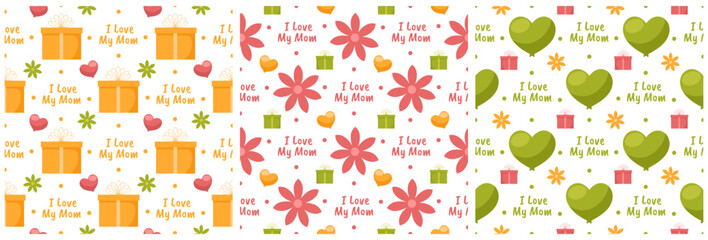 Set of Happy Mother Day Seamless Pattern Design in Element Decoration Template Hand Drawn Cartoon Flat Illustration