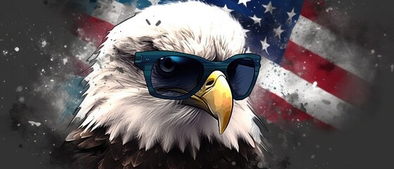 eagle in sunglasses realistic flag background with paint splatter abstract