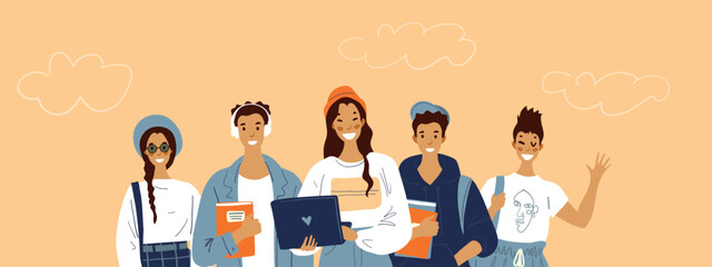 Group of happy positive people, students with textbooks and gadgets. Schoolchildren and applicants, young staff, back to school. Flat cartoon vector illustration isolated on white.