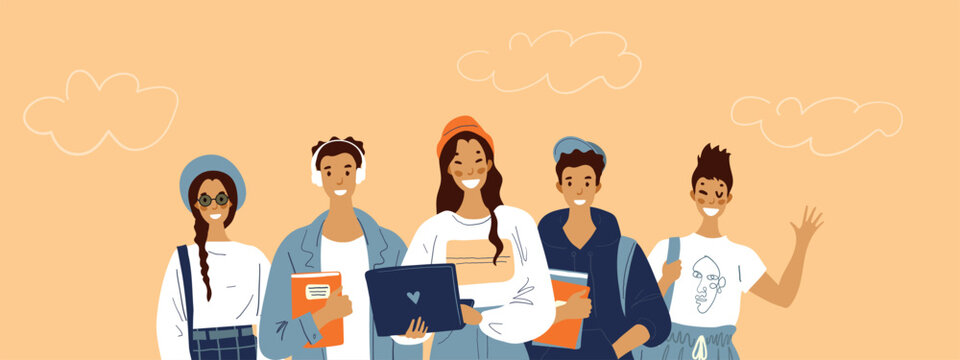 Group of happy positive people, students with textbooks and gadgets. Schoolchildren and applicants, young staff, back to school. Flat cartoon vector illustration isolated on white.