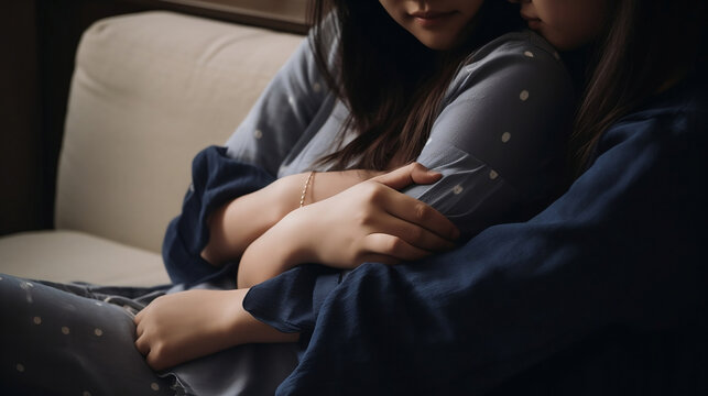 Portrait of Asian young female adult console her depress friend on her shoulder on the couch, generative ai 