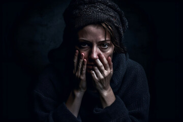 Fototapeta premium Depressed turban woman sitting in dark room with hands on her face on black background, Sad despair lady portrait, generative ai