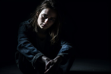 Fototapeta na wymiar Depressed hopeless woman sitting in dark room on black background, Sad despair lady portrait, generative ai