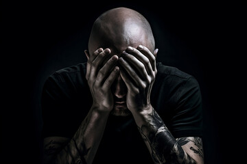 Depressed bald man sitting in dark room with hands on his face on black background, Sad man Hidden face, generative ai