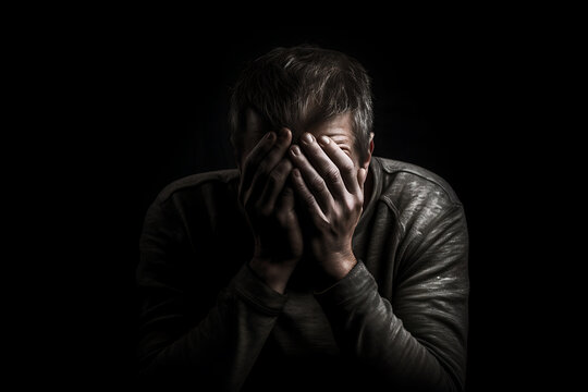 Depressed man sitting in dark room with hands on his face on black background, Sad man Hidden face, generative ai