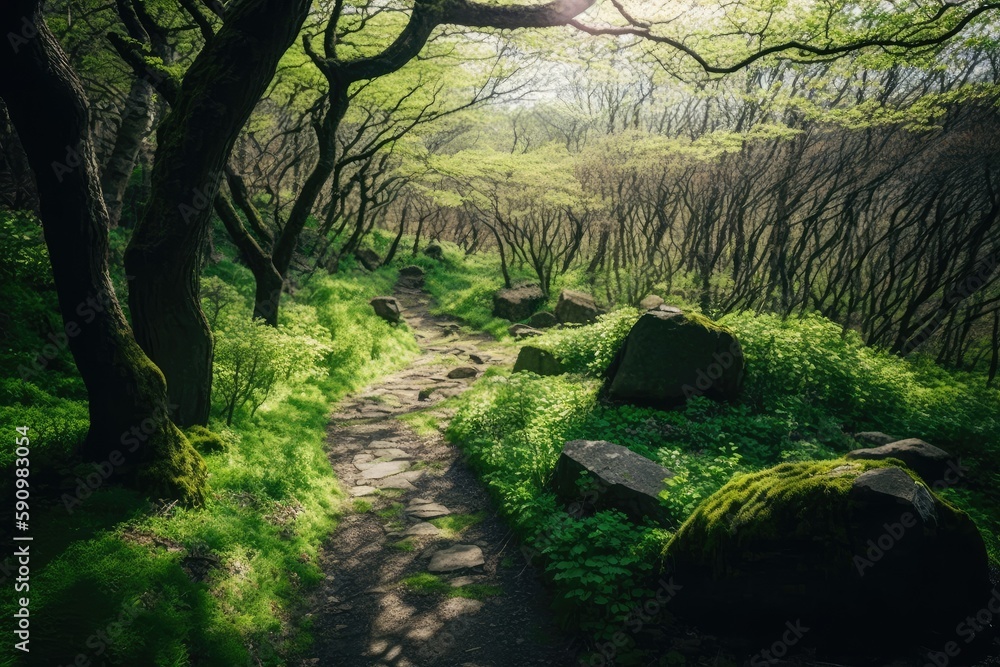 Poster winding path through a lush forest with towering trees. generative ai