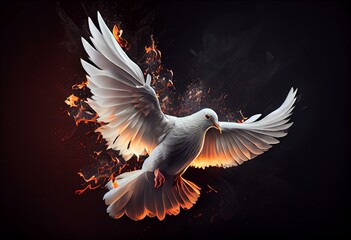 AI generated Flying white dove with fire effect on dark background. Symbol of peace. Gifts of holy spirit concept. Generative AI