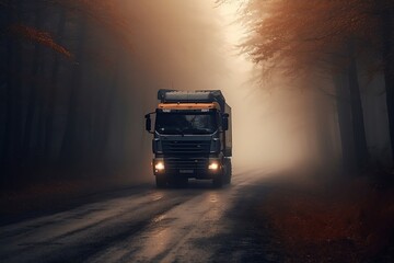 A large truck is seen driving on a misty highway, creating an atmosphere of moody and mysterious ambiance. ,ai generated 