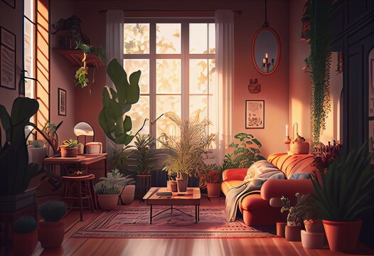 Ilustración Del Interior De Una Casa Con Mucha Luz Y Muy Bien Decorada Con Un Sofá Varios Cuadros Y Plantas. Generative AI