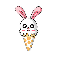 Cute adorable bunny rabbit smiling in sweet ice-cream  vector for kid sticker etc.