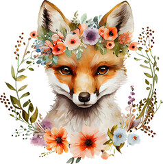 Cute Fox With Flowers Watercolor Illustration. Generative AI