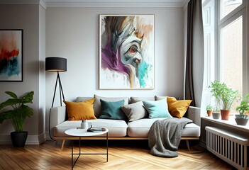 Living room of a house with a sofa and colorful cushions with a large picture hanging on the wall of an abstract oil painting - Generative AI