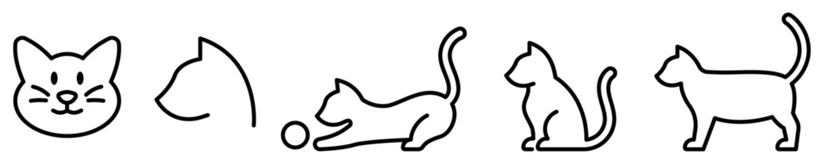 Conjunto de iconos de gato. Animal doméstico. Rostro de gato, silueta, gato juguetón. Ilustración vectorial - obrazy, fototapety, plakaty