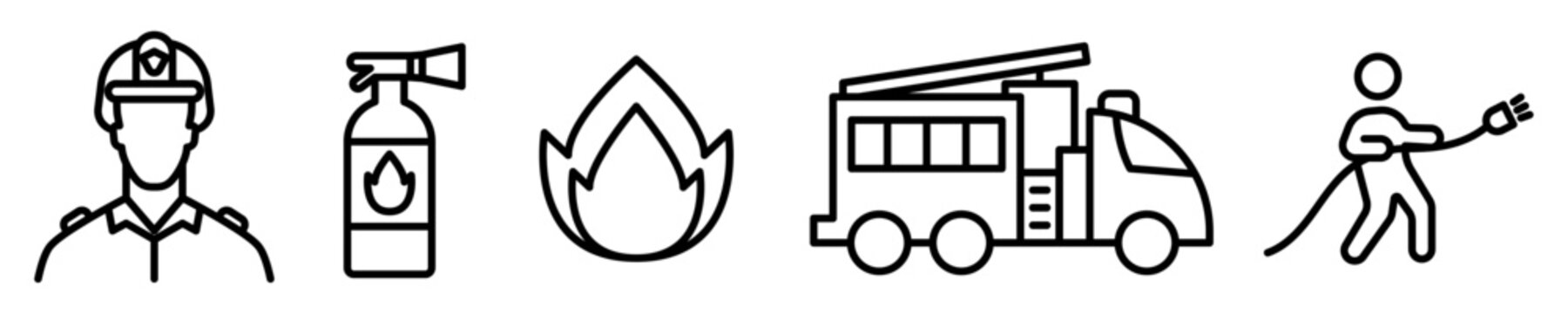 Conjunto de iconos de bomberos. Concepto de seguridad y protecci&oacute;n. asistencias sanitaria, fuego, apagar incendio, cami&oacute;n de bomberos, extintor. Ilustraci&oacute;n vectorial