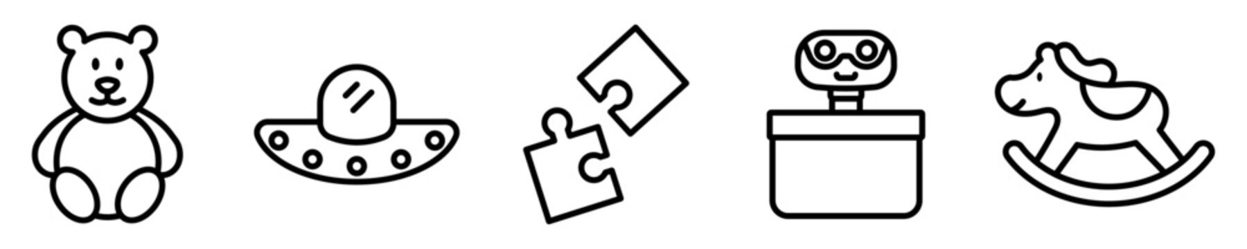 Conjunto de iconos de juguetes de ni&ntilde;os. Concepto de diversi&oacute;n y entretenimiento infantil. Peluche, nave espacial, rompecabezas, robot, caballo mecedora. Ilustraci&oacute;n vectorial