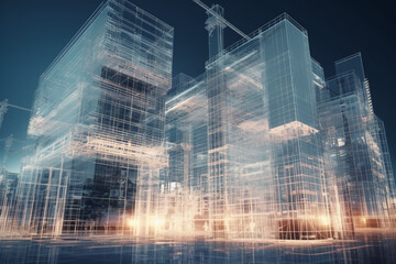 Fototapeta na wymiar modern civil equipment technology. Illustration of digital building construction engineering with double exposure graphic design. Building engineers, Generative AI