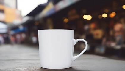 Obraz premium Plain White Cup Mockup Of Coffee On The Indian Market Street Background, Generative AI