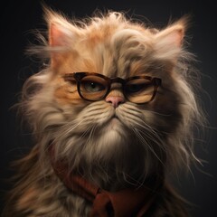serious old cat with glasses, disheveled hair, looking at the camera, bright character, generated in AI