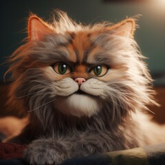 cheerful smiling cat, disheveled hair, looking at the camera, bright character, generated in AI