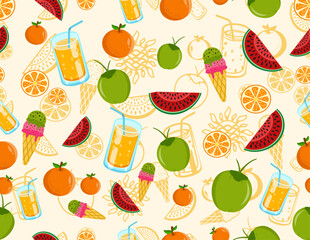 Seamless summer pattern with watermelon, coconut, oranges, ice cream and orange juice