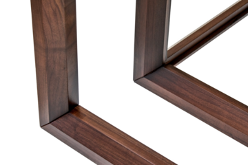 Wooden frame of bedside table made of solid walnut isolated on white background. Joinery angular joint of planks on dowels closeup