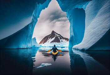 winter kayaking in antarctica against backdrop of huge iceberg. Generative AI - obrazy, fototapety, plakaty