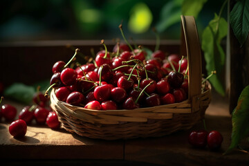 Fototapeta na wymiar Cherry on a wooden basket freshly harvested 