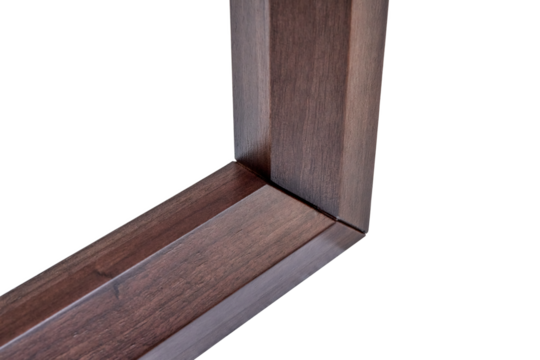 Wooden frame of bedside table made of solid walnut isolated on white background. Joinery angular joint of planks on dowels closeup