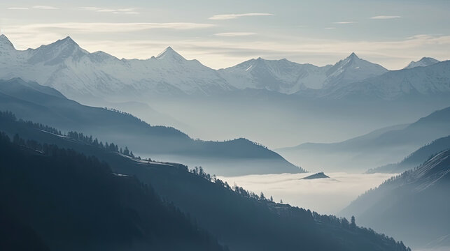 Muted mountain rainge with sprawling view computer wallpaper, generative ai