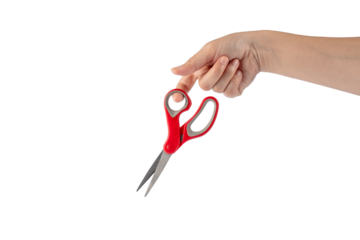 Hand holding office stationery scissors cutting on transparent background 