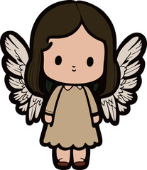 Vector little cute angel girl in cartoon style with brown dress wings