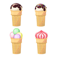 A set of delicious ice cream,ice cream,fruit and berry, chocolate, with multicolored sprinkles, isolated on a white background.Vector illustration for summer designs.
