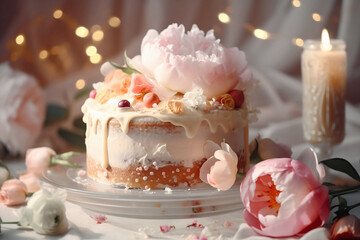 Obraz na płótnie Canvas Cream wedding cake decorated with real flowers. Generative AI illustration