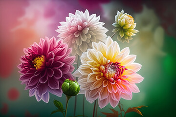 Colorful Dahlia Flowers Fresh spring bouquet blurred bokeh background