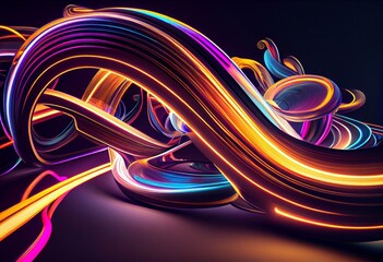 A computer generated digital illustration of an abstract futuristic bright colourful neon light trails energy style swoosh background. Generative AI
