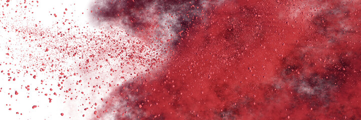 flying red particles, pigment powder isolated on transparent background banner