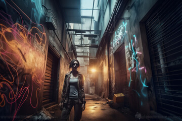 Fototapeta na wymiar Woman in Cyberpunk Alley at Night with graffiti