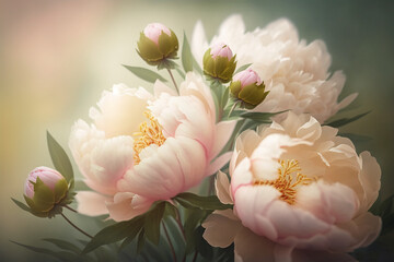Blooming Peony Flowers Fresh spring bouquet blurred bokeh background