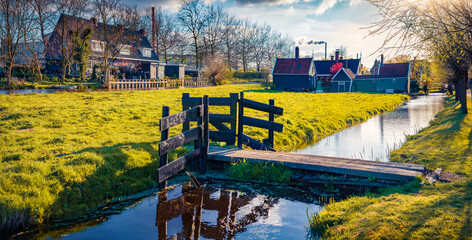 Spring in Zaanstad village. Sunny morning view of Netherlands countryside with water canal. Bright morning scene in Holland, Europe. Traveling concept background.