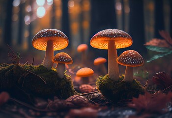 Big size of mushrooms growing in the forest. Generative AI
