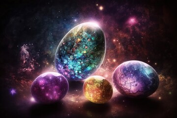 Fantasy Easter eggs painted in space colors galaxy universe background, generative ai