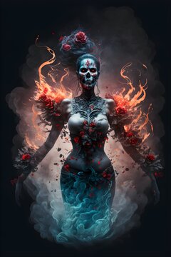 demon full body of gothic skull nymph rising from fire gothic tattooed woman roses splash of color studio lighting in the style of Peter Lindbergh fog mist moonlight splash of color 4k 