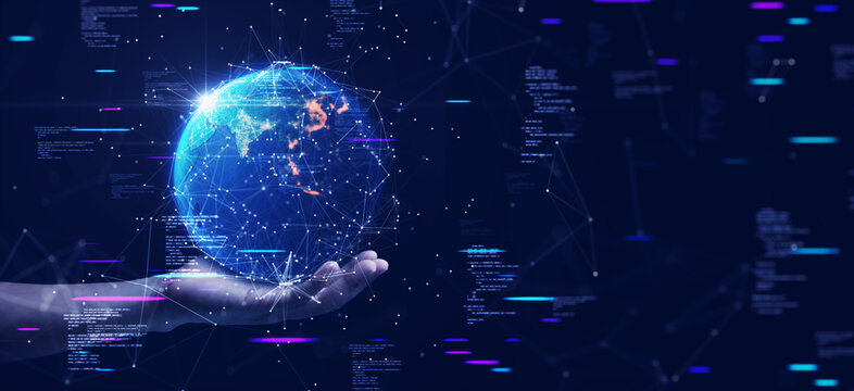 Digital Technology Security Concept Wireless Connection Of The Global Internet Communication Network. Abstract Globe Resting On Human Hand With Interconnected Polygons On Dark Blue Background.