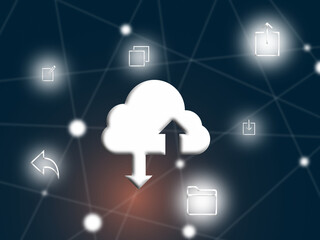 Cloud service communication with signal Share, File, copy, download, upload and note isolated technology background. Illustration 3D for content service applications, contact cloud communicate 