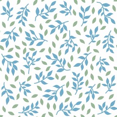 Spring twigs seamless pattern. Tiny leaves and brunches on white background. Blue and green leaf allover print