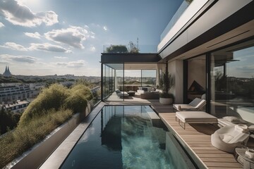 Fototapeta premium penthouse terrace with a swimming pool overlooking Paris, generative AI