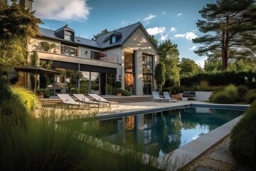 Luxury stone French mansion with veranda pool and garden, generative ai - obrazy, fototapety, plakaty
