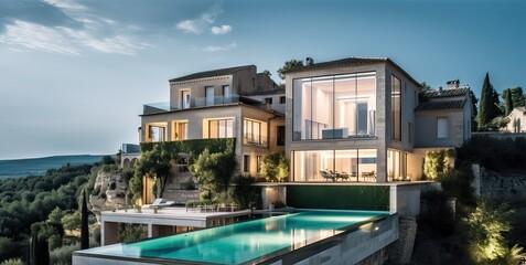 Fototapeta premium Luxury stone classic updated villa with swimming pool and garden, generative ai
