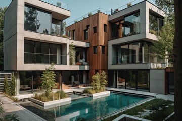Fototapeta na wymiar Contemporary villa with concrete and wood in a lush tropical garden, generative ai