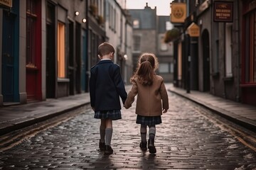little boy and girl holding hands on the way to school, generative ai